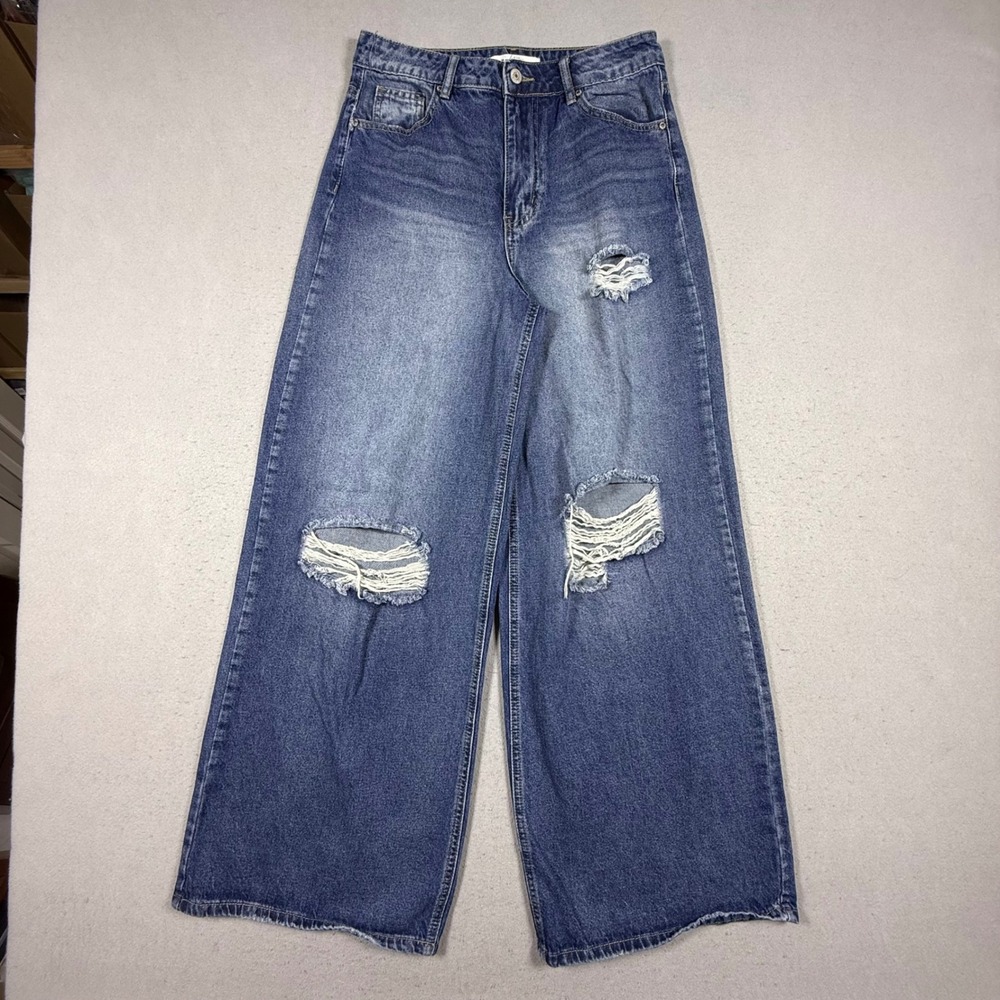 Almost Famous Womens Wide Leg Distressed Jeans Blue Ripped Raw Hem Size 7